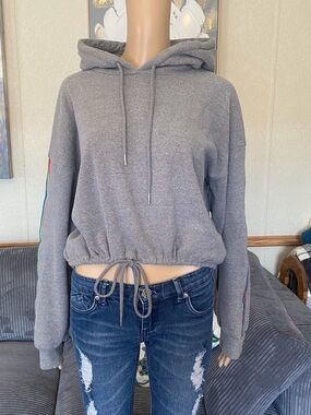 Urban Nation Cropped Drawstring Grey Hoodie